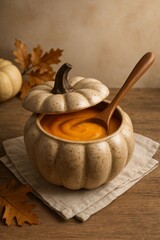 Pumpkin soup served in a unique pumpkin-shaped bowl with a wooden spoon, presenting an autumnal delight and warmth.