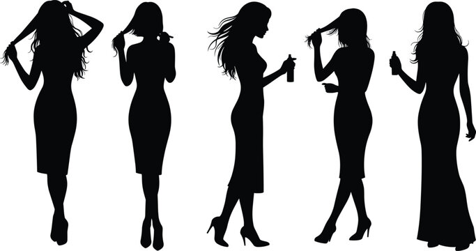 Hair styling silhouette, beauty routine, spray bottle pose, female figure, black vector, fashion icon, personal care, elegant stance, salon graphic, grooming art