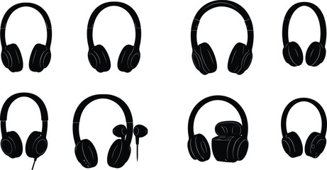 Headphones, earphones, silhouette, over-ear, in-ear, audio, music, sound, technology, wireless, modern, black, design, studio, gadget, accessory, stereo, electronic, lifestyle, equipment, isolated