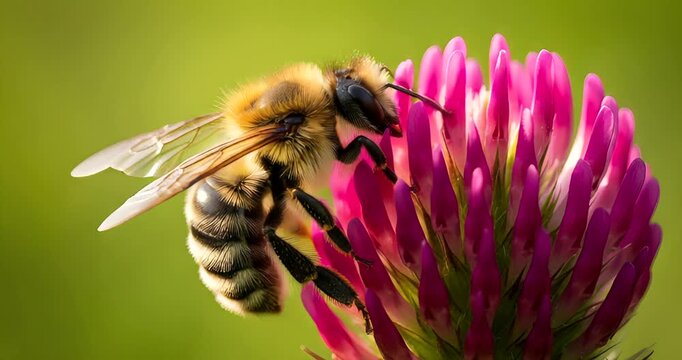 Close-up of a bee collecting nectar from a pink clover flower in a vibrant meadow 68 characters