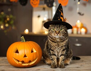 Cat in Halloween hat with pumpkin