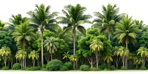 Obraz premium Lush tropical jungle with diverse palm trees and dense foliage.