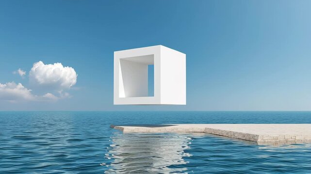 Floating white geometric shape transitions above tranquil water surface, reflecting serene sky and clouds, creating a captivating visual experience of harmony and balance in a minimalist environment