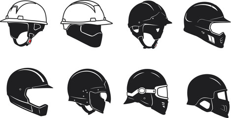 Protective helmet silhouettes, construction safety gear, motorcycle helmet vector, tactical headgear 