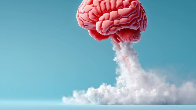 Vibrant pink brain emerging from a cloud of smoke against a serene blue background, illustrating a dynamic concept of thought and creativity in a visually striking motion sequence