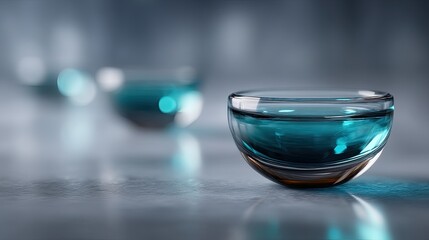 Elegant Blue Glass Sculptures on Reflective Surface in Soft Cinematic Lighting Still Life