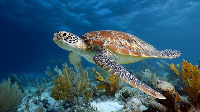 Green sea turtle swimming gracefully in the clear blue ocean water current