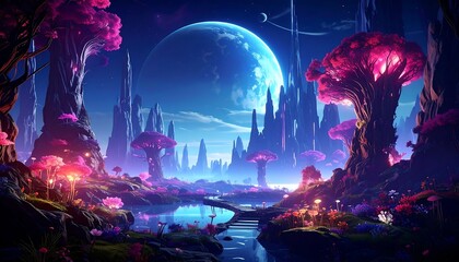 A celestial landscape with glowing pink trees and a large blue planet in the night sky, reflected in a serene body of water