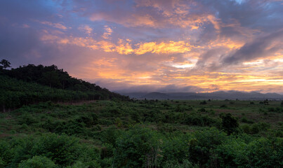 Sunrise Over Green Hills and Forest Landscape
