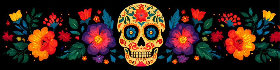 Obraz premium A vibrant and colorful skull design adorned with floral elements, representing the traditional Day of the Dead celebration.