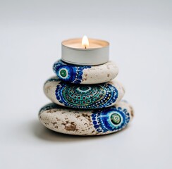 Stacked decorative stones, adorned with intricate blue and green patterns, hold a lit candle, creating a tranquil and serene scene.