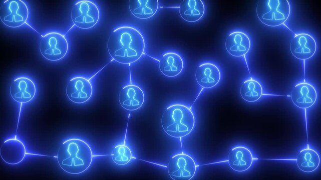Neon digital network people icon business relationship success concept on black background.