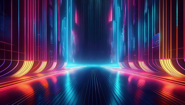 surrealistic perspective background with glowing neon pillars and lines for fantasy art blogs futuristic themes and abstract backdrop