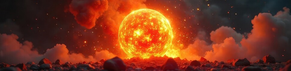 A fiery orb of intense heat and light explodes outwards, leaving a trail of incandescent embers and smoke  Perfect for fantasy, game design, or magical effect visuals ,  element,  flare,  mythical