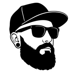 Head of a bearded man with a cap and sunglasses, hipster, barber, beard, cool, vintage