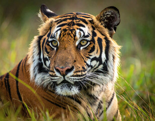 Obraz premium A majestic Bengal tiger with striking orange and black stripes stares intently while resting in a grassy field.