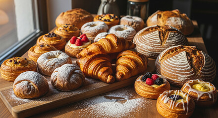 Freshly baked artisan pastries, croissants, and rustic bread on wooden board with morning light