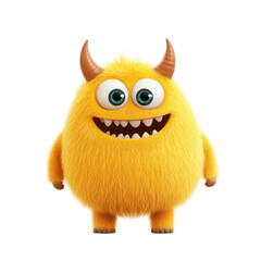 Fototapeta premium Cute yellow furry monster with horns and big eyes