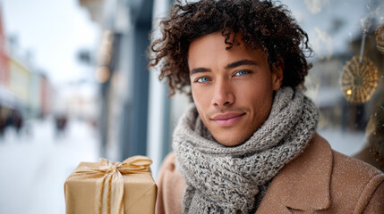 Young man holding wrapped Christmas gift by shop window in snowy city  