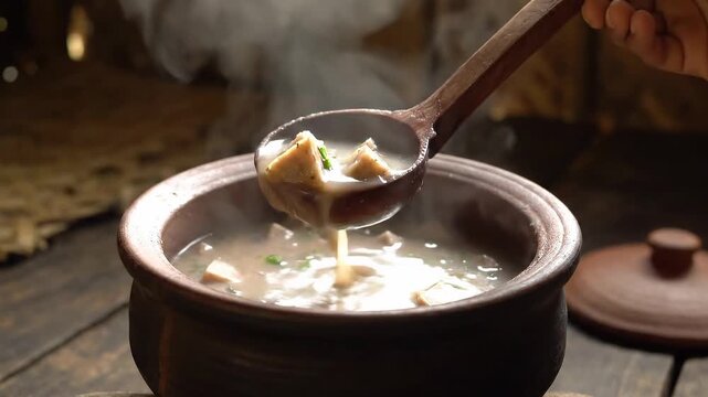 Soup being served from a pot with a wooden spoon