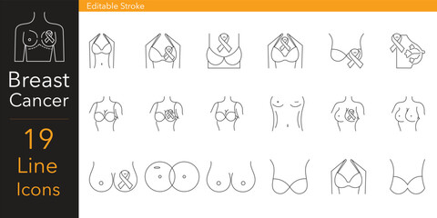 A set of icons for a breast cancer awareness campaign in October. A modern vector outline graphic pack of symbols related to cancer awareness, diagnosis, treatment, support for patients and survivors.