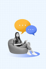 Composite artwork 3D photo collage trend template of sticker comment quote talk bubble young lady...