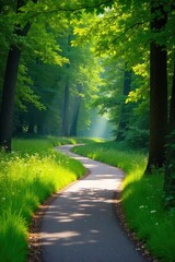 Obraz premium A gently curving paved pathway winds through a lush green landscape, dappled sunlight filtering through the trees Ideal for nature, tranquility, serenity, and relaxation themes , sunlight, flowers