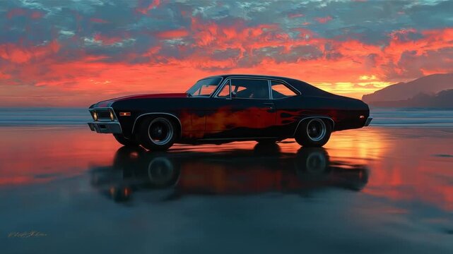 Classic car sunset beach