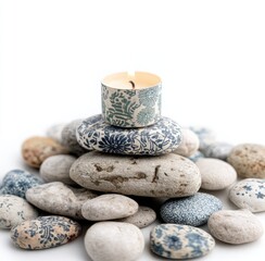 A decorative candle sits atop a stack of patterned stones, creating a serene and peaceful scene.