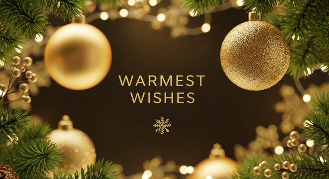 "Elegant Christmas card design with festive background featuring golden ornaments, pine branches, and delicate holiday decorations.