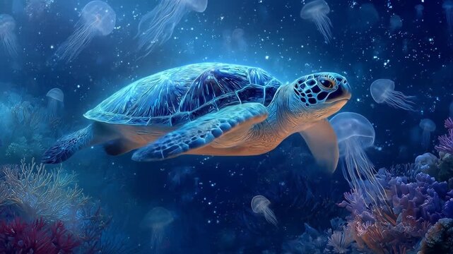 Sea turtle underwater jellyfish