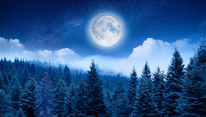 Serene Nightscape With Full Moon And Stars Above A Dense Evergreen Forest In A Mystical Setting