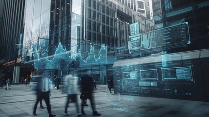 Futuristic city scene with diverse pedestrians and digital data projections in a modern urban environment.