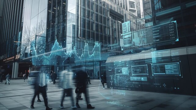 Futuristic city scene with diverse pedestrians and digital data projections in a modern urban environment.