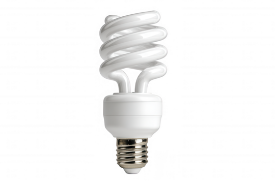 White spiral light bulb with metal base on black background isolated on a transparent background image