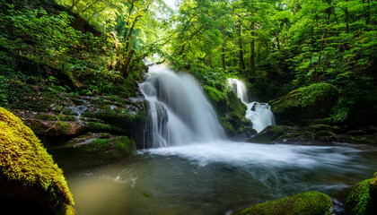 Obraz premium Waterfall Flows Amidst Lush Green Forest