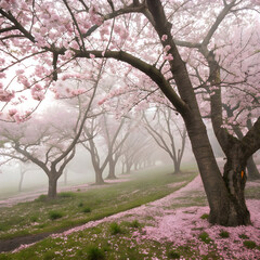 Obraz premium A breathtaking cherry blossom grove in full bloom, pink petals carpeting the ground, radiating serenity