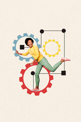 3D collage trend artwork composite sketch poster of young woman smile run hurry puzzle cogwheel...