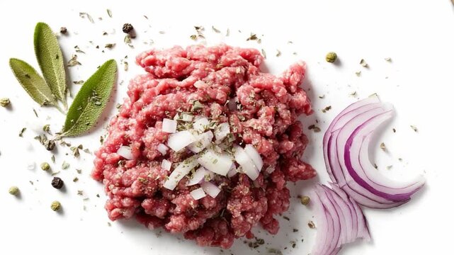 Culinary Delight: Fresh Ground Meat with Accompaniments - Experience a close-up view of raw ground meat alongside fresh herbs and seasonings, offering a glimpse into a culinary creation.
