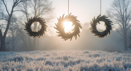 Hanging Wreaths in Winter Landscape