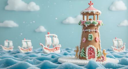 Gingerbread Lighthouse and Ships Christmas Scene