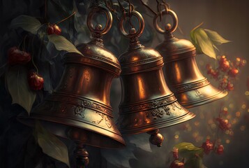 Three antique brass bells hang among green foliage and red berries