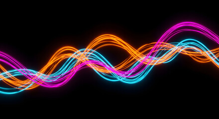 Colorful neon light trails abstract design on black background.