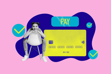 Collage of person hand with credit card and money symbols representing online shopping finance freedom payment