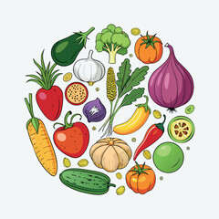 Colorful cartoon vegetables illustration, flat style, isolated on white background