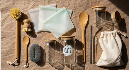 Eco-friendly kitchen essentials home still life natural lighting minimalist aesthetic