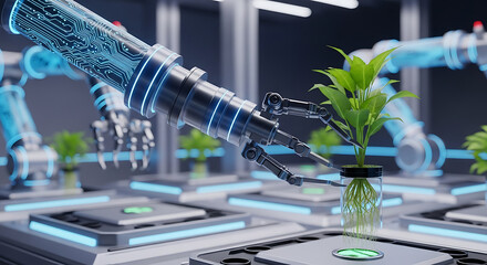 Innovative robotics nurturing plants high-tech greenhouse digital art futuristic environment close-up perspective