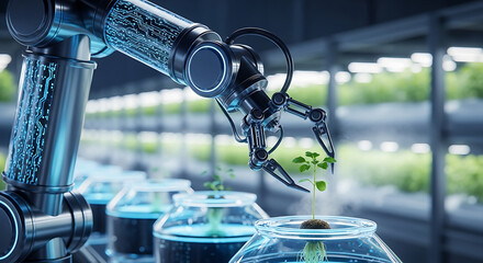 Robotic arm cultivating plants high-tech greenhouse digital art futuristic environment close-up view innovation in agriculture