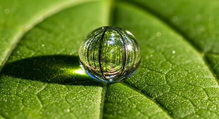 Nature action water droplet reflection on leaf forest scene close-up photography calm environment macro viewpoint