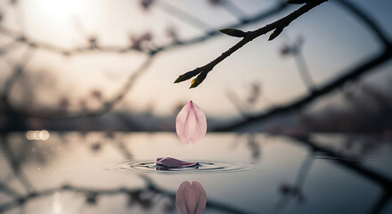 Delicate blossom falling into serene water nature scene artistic photography tranquil environment aerial view peaceful concept